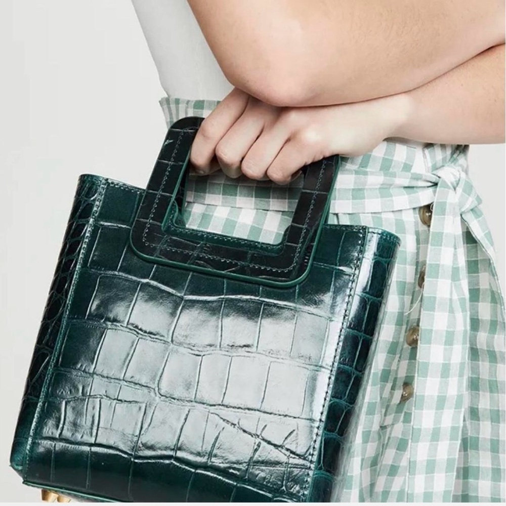 STAUD Dark Green Croc-Embossed Mini Shirley Tote